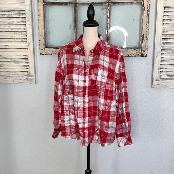Style & Co Womens Shirt Button Down Long Sleeve Checkered Red Size 0X NWT - Picture 1 of 10